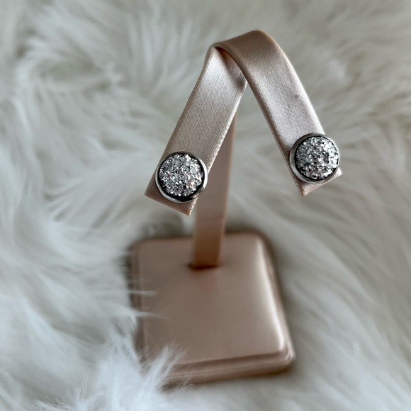 Metallic Silver Stainless Steel Druzy Stud Earrings - Picture 9 of 11